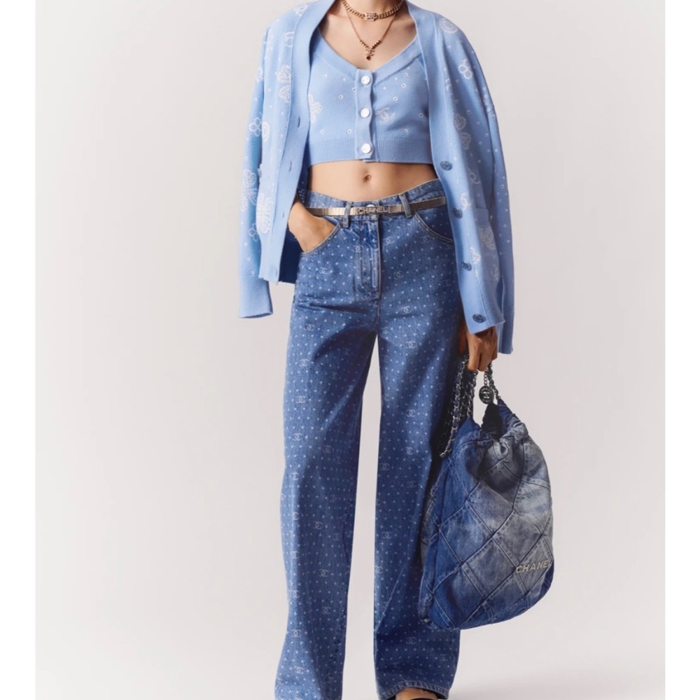 Chanel Printed Denim Light Blue & White  Spring Summer 2023 Jeans